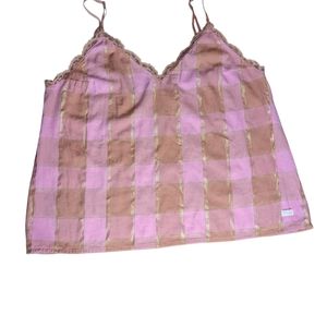 Y2K Victoria's Secret L Camisole Pink Gold Metallic Plaid Lace Fairy Barbiecore